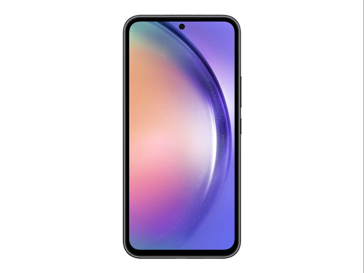 Smartphone Samsung Galaxy A54 5G en color grafito, vista frontal y posterior sobre fondo blanco.