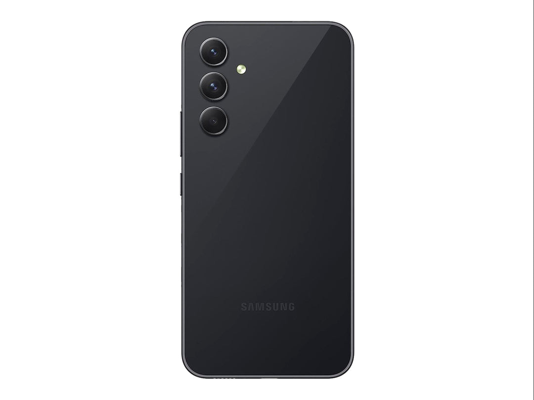 Smartphone Samsung Galaxy A54 5G en color grafito, vista frontal y posterior sobre fondo blanco.