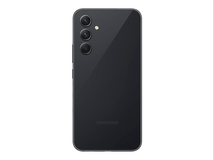 Smartphone Samsung Galaxy A54 5G en color grafito, vista frontal y posterior sobre fondo blanco.