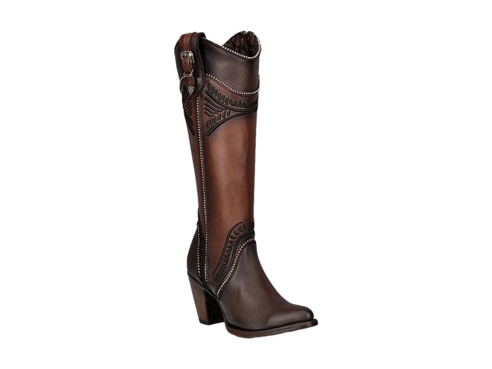 Bota vaquera de cuero color chocolate con bordados decorativos y tacón