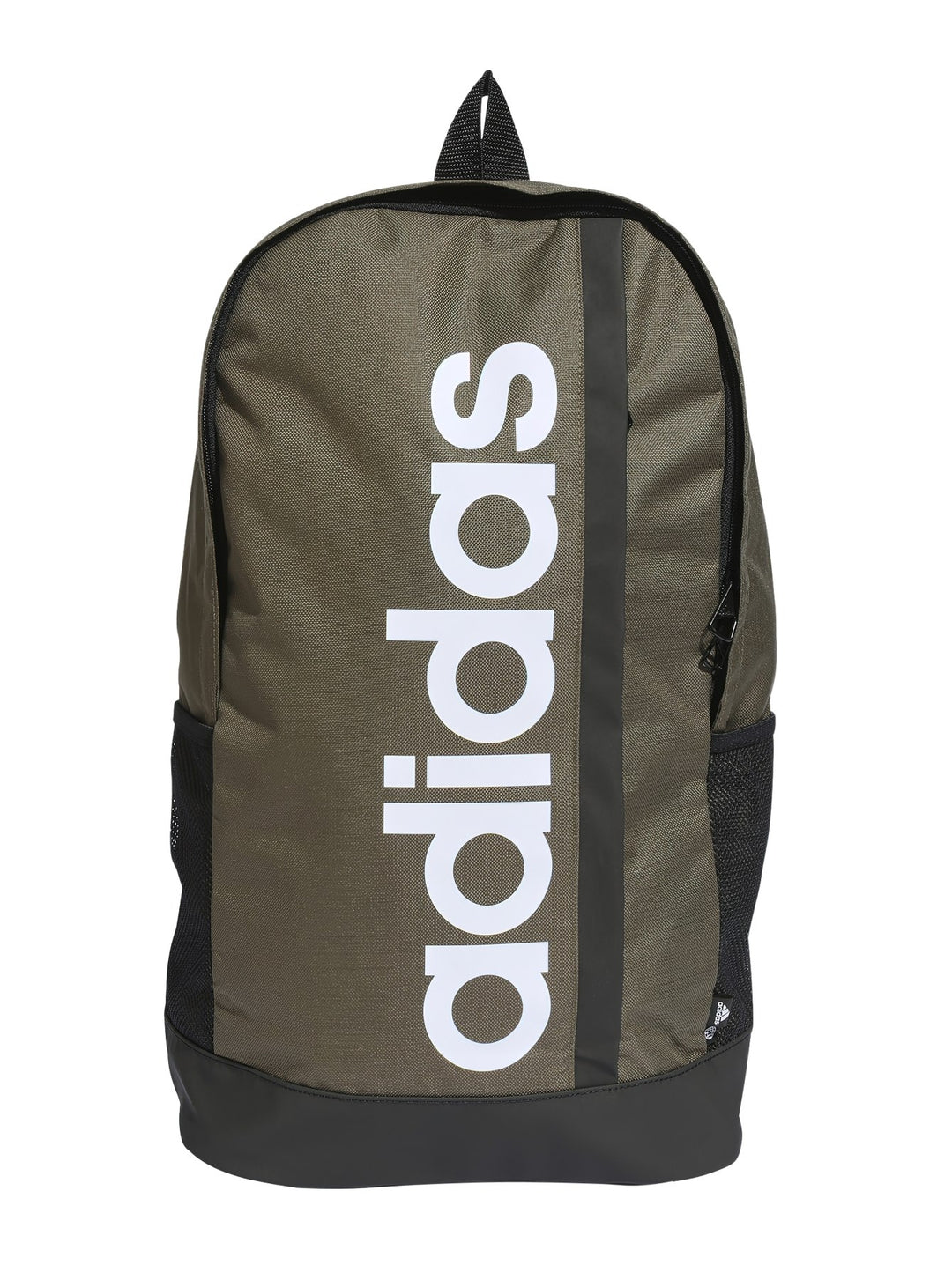 Mochila Adidas color oliva con logotipo blanco vertical y base negra.