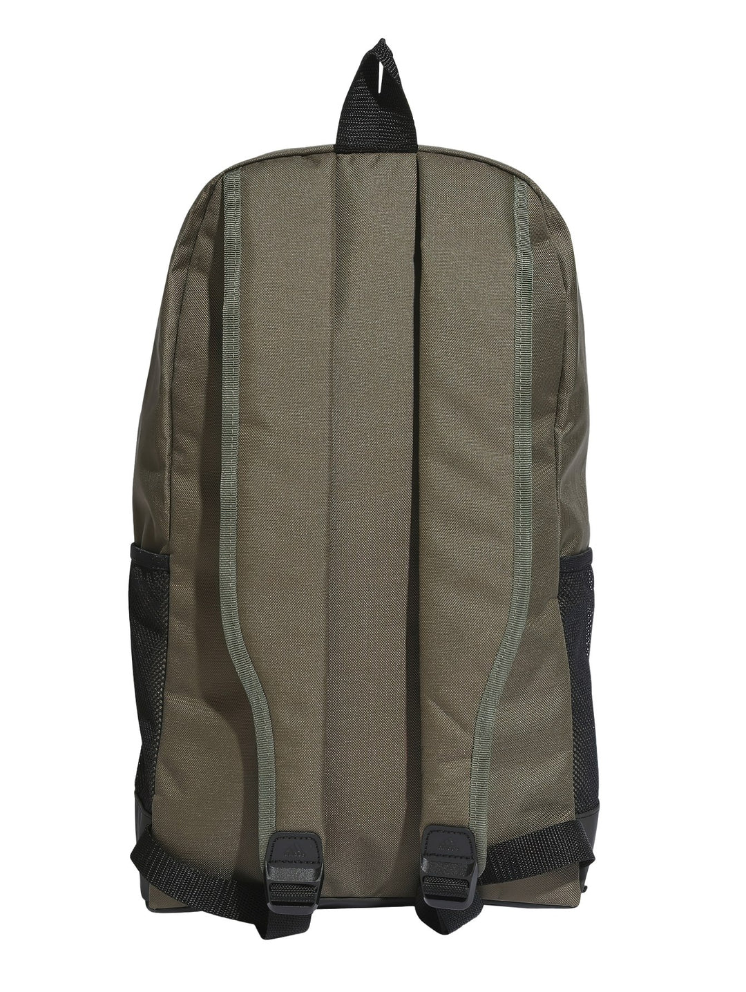 Mochila Adidas color oliva con logotipo blanco vertical y base negra.