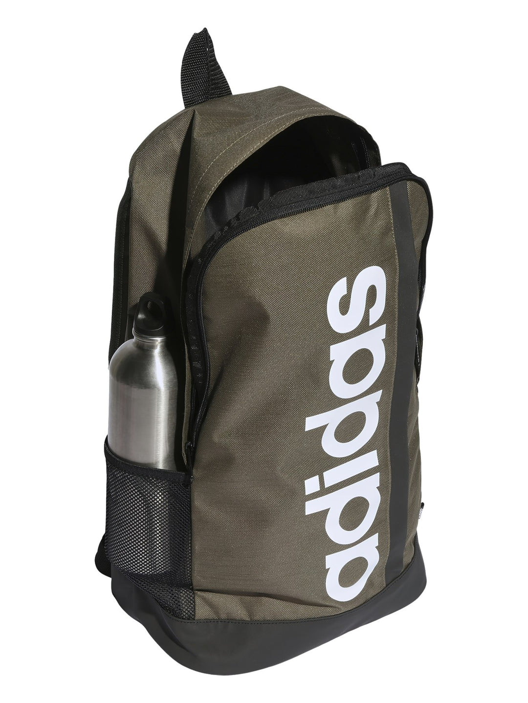 Mochila Adidas color oliva con logotipo blanco vertical y base negra.