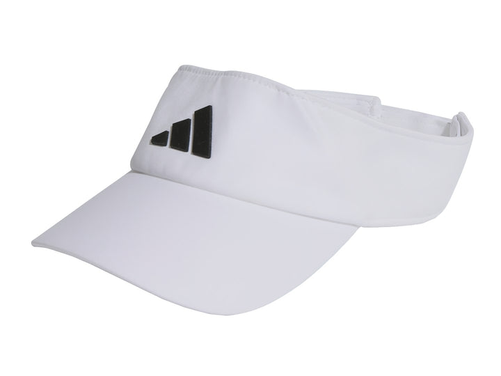 Visera deportiva Adidas de color blanco con logotipo en contraste negro en la parte frontal.