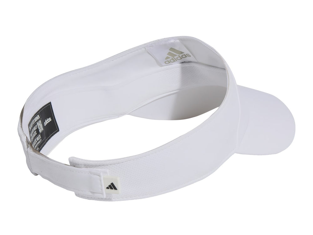 Visera deportiva Adidas de color blanco con logotipo en contraste negro en la parte frontal.