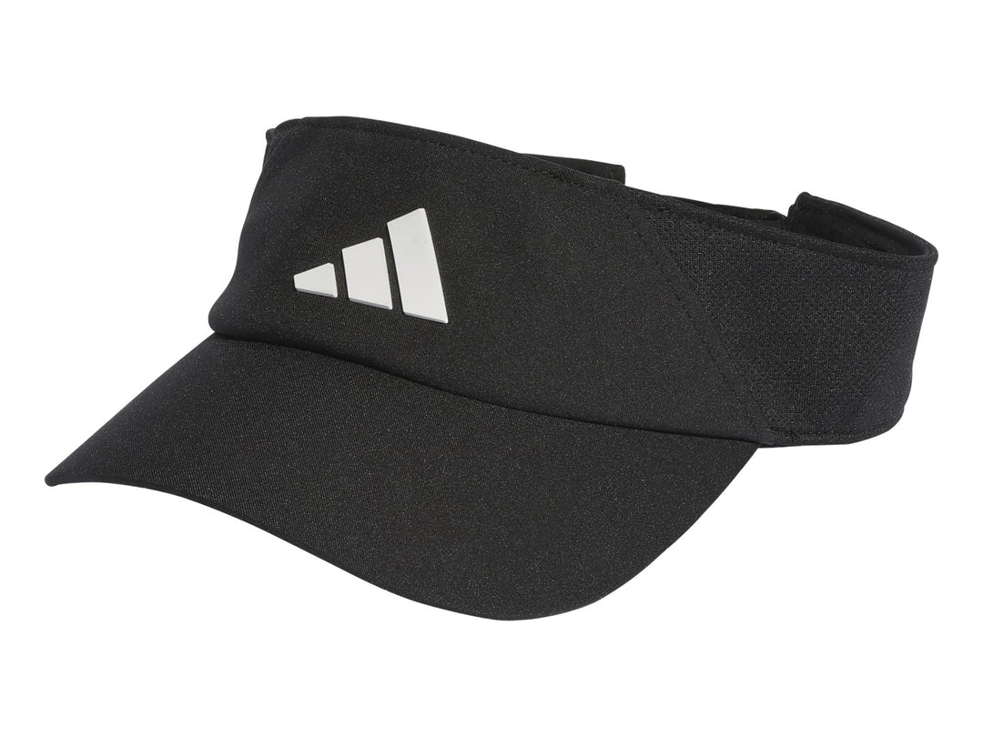 Visera deportiva Adidas de color negro con logotipo blanco en el frente.