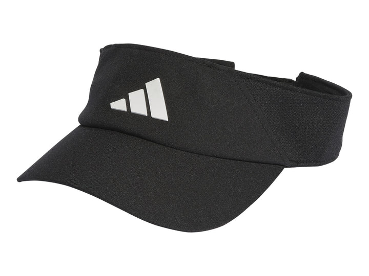 Visera deportiva Adidas de color negro con logotipo blanco en el frente.