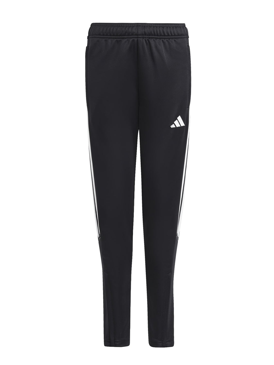 Pantalones deportivos Adidas negros con franjas blancas laterales y logo blanco.
