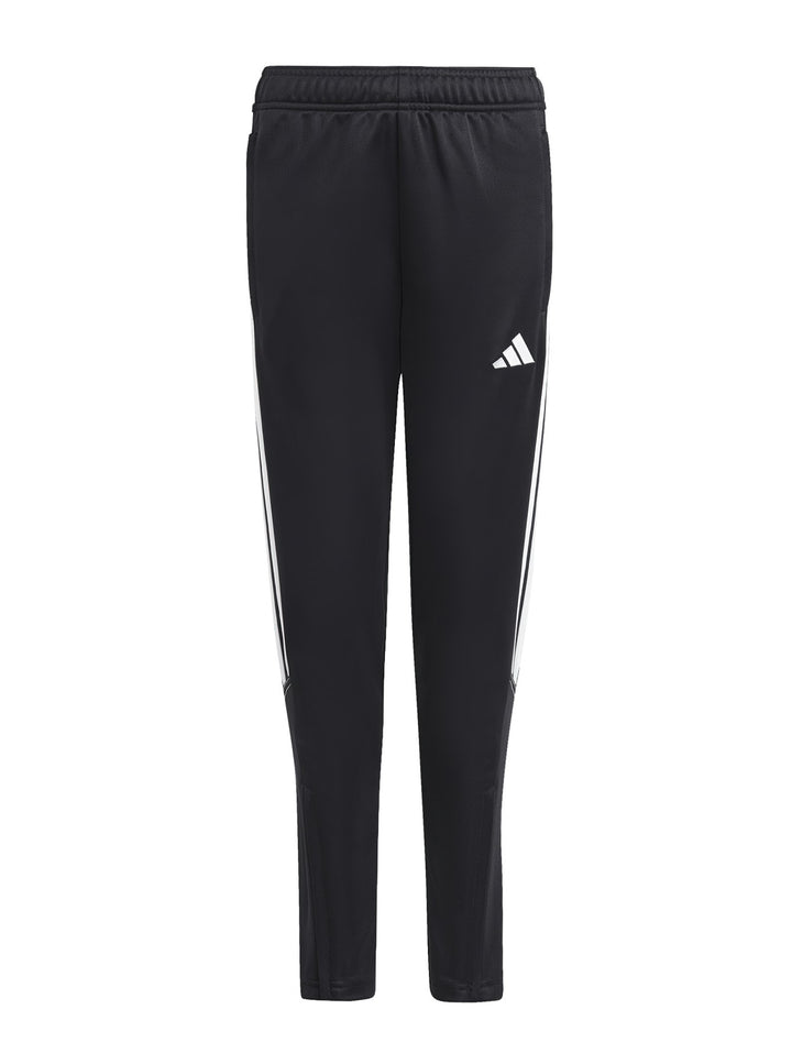Pantalones deportivos Adidas negros con franjas blancas laterales y logo blanco.