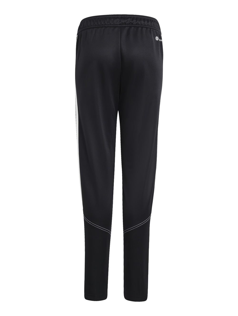 Pantalones deportivos Adidas negros con franjas blancas laterales y logo blanco.