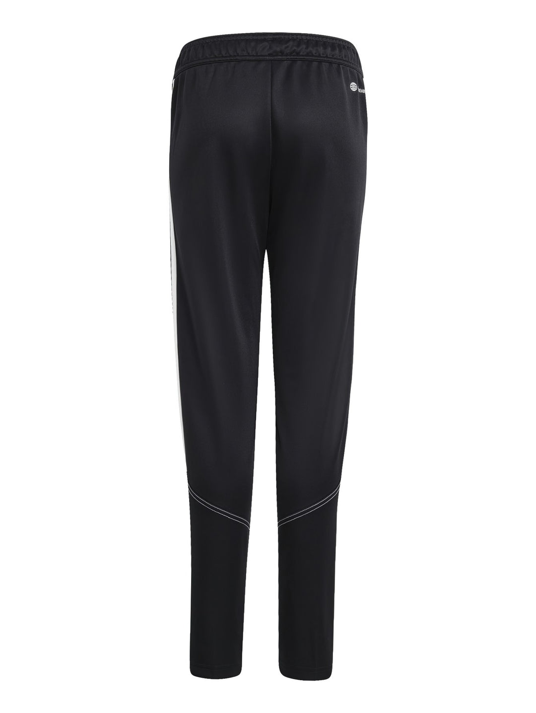 Pantalones deportivos Adidas negros con franjas blancas laterales y logo blanco.