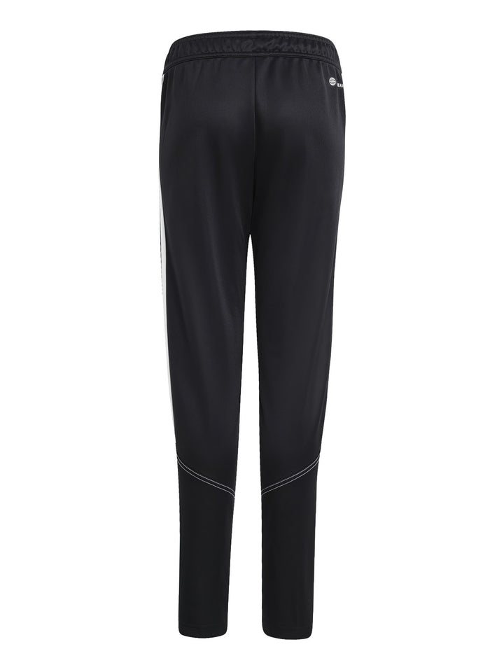 Pantalones deportivos Adidas negros con franjas blancas laterales y logo blanco.