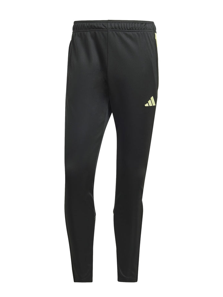 Pantalones deportivos Adidas negros con tres franjas laterales en color verde lima.
