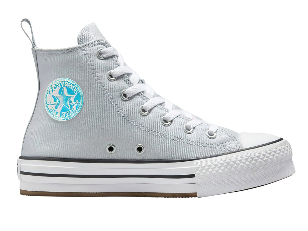 Tenis Converse Chuck Taylor All Star de bota alta en color gris con suela blanca y detalles en negro.