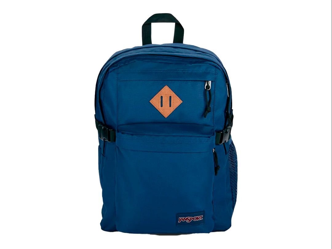 Mochila JanSport Main Campus en color azul marino con detalles en café y negro.
