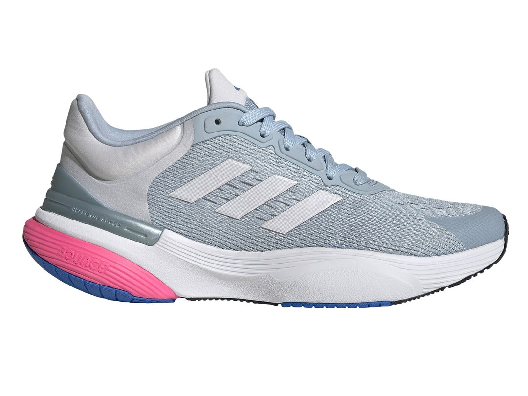 Tenis deportivos Adidas Response Super 3.0 en color azul claro, blanco y rosa.