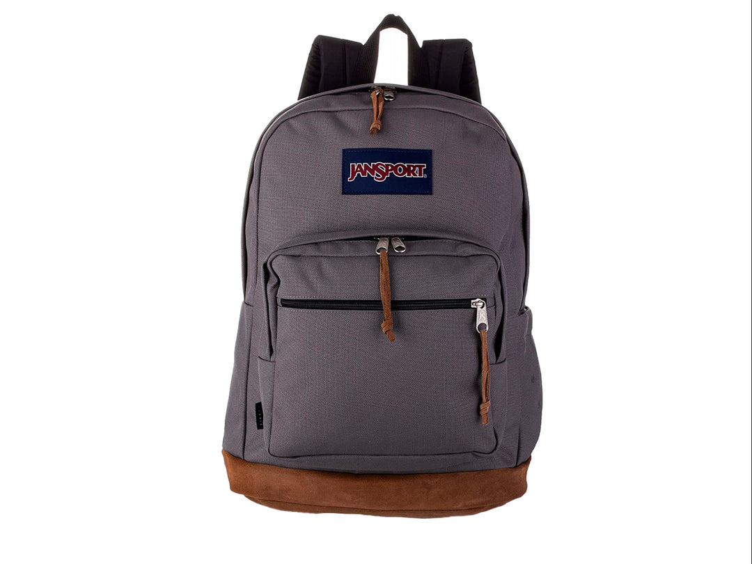 Mochila JanSport Right Pack en color gris grafito con base y detalles en marrón.