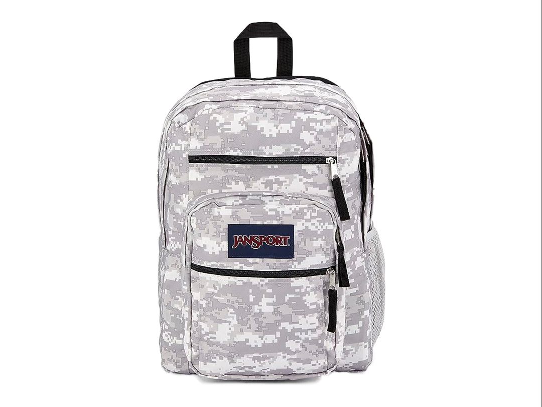 Mochila JanSport Big Student con estampado de camuflaje en tonos grises y detalles en negro.