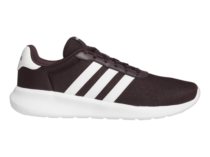 Tenis Adidas Lite Racer 3.0 en color marrón con tres franjas blancas laterales y suela blanca.
