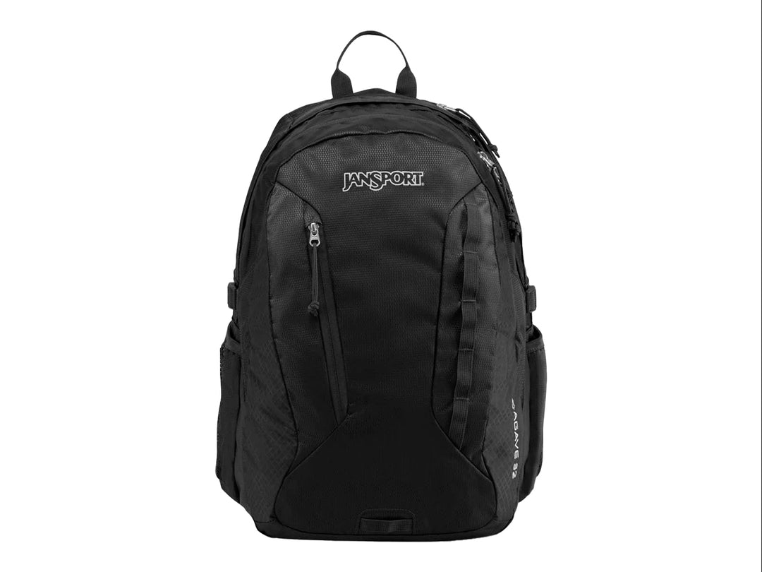 Mochila escolar JanSport modelo Agave en color negro con múltiples compartimentos y asa superior.