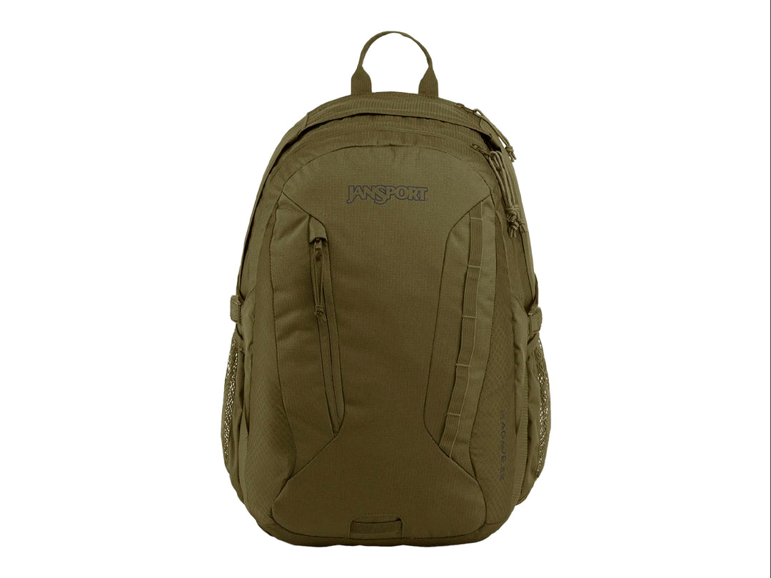 Mochila JanSport color verde militar con múltiples compartimentos y asa superior.