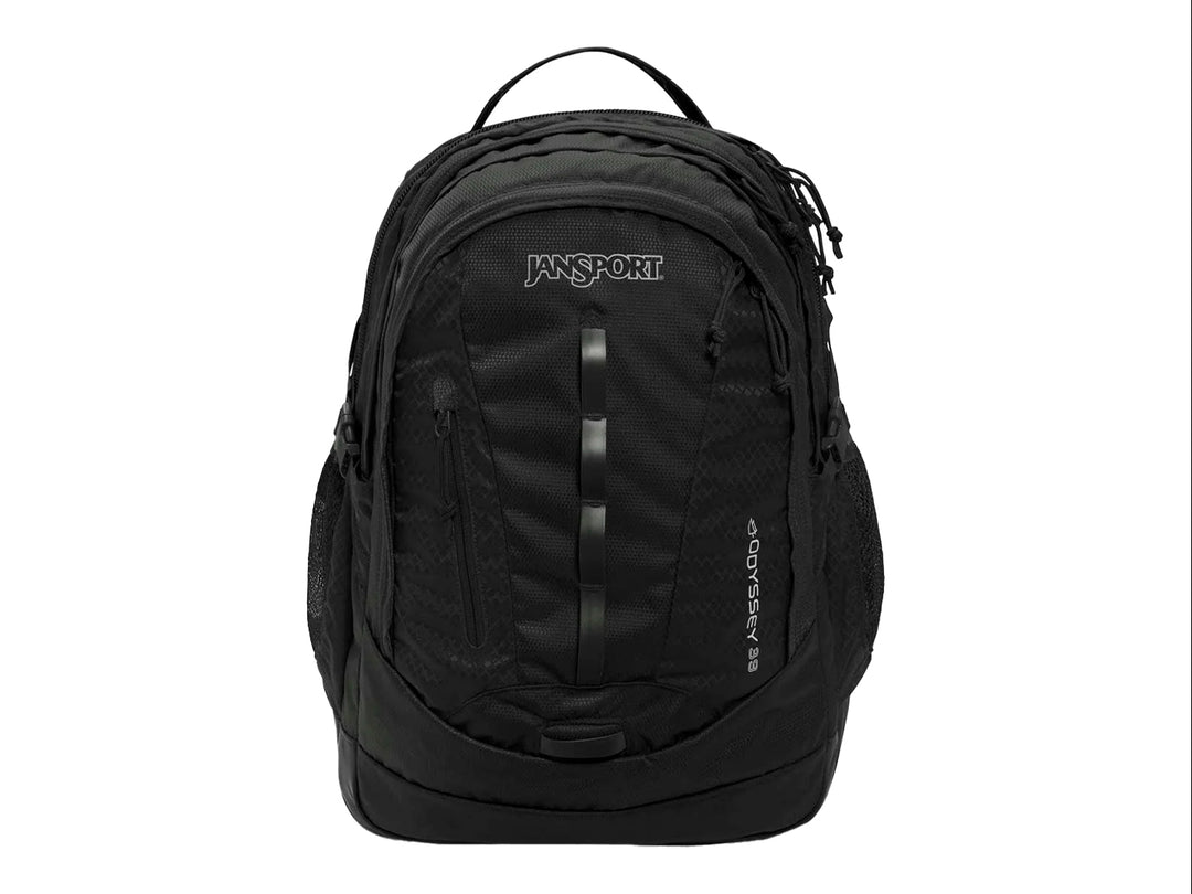 Mochila escolar JanSport Odyssey en color negro con múltiples compartimentos y asa superior.