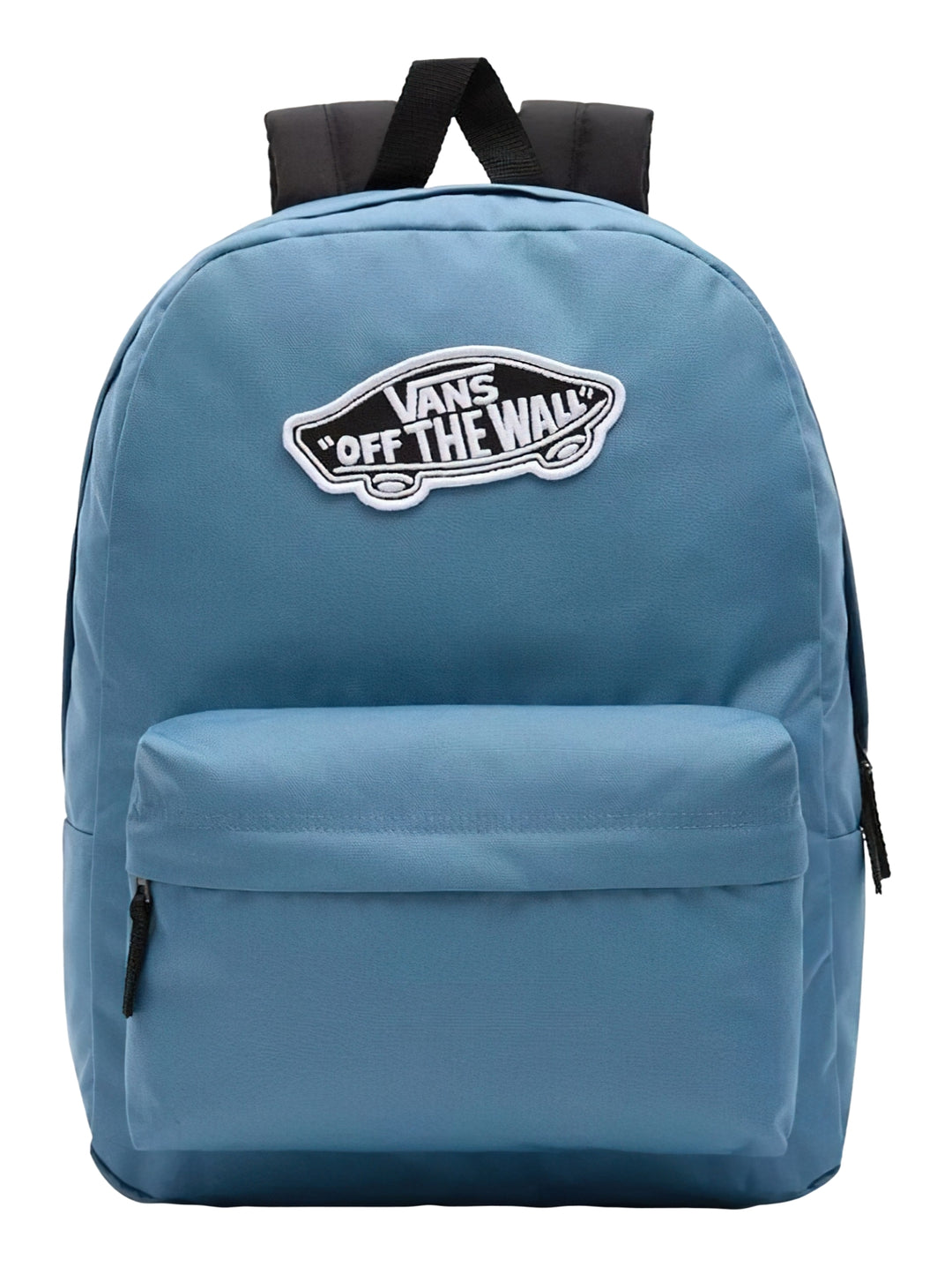 Mochila VANS color azul bluestone con bolsillo frontal y logo blanco de la marca en el centro.