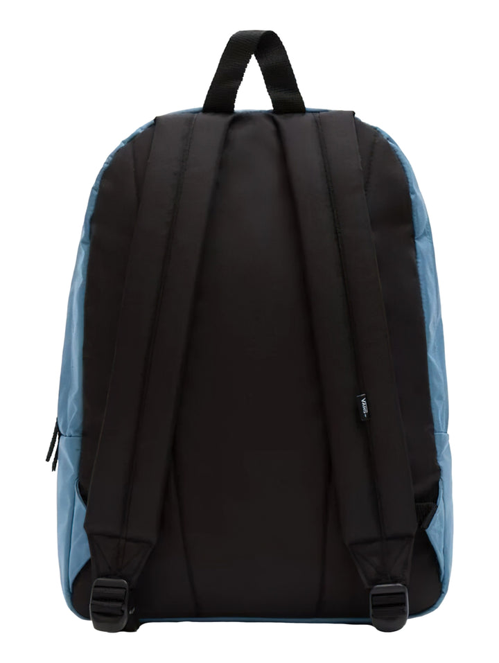 Mochila VANS color azul bluestone con bolsillo frontal y logo blanco de la marca en el centro.