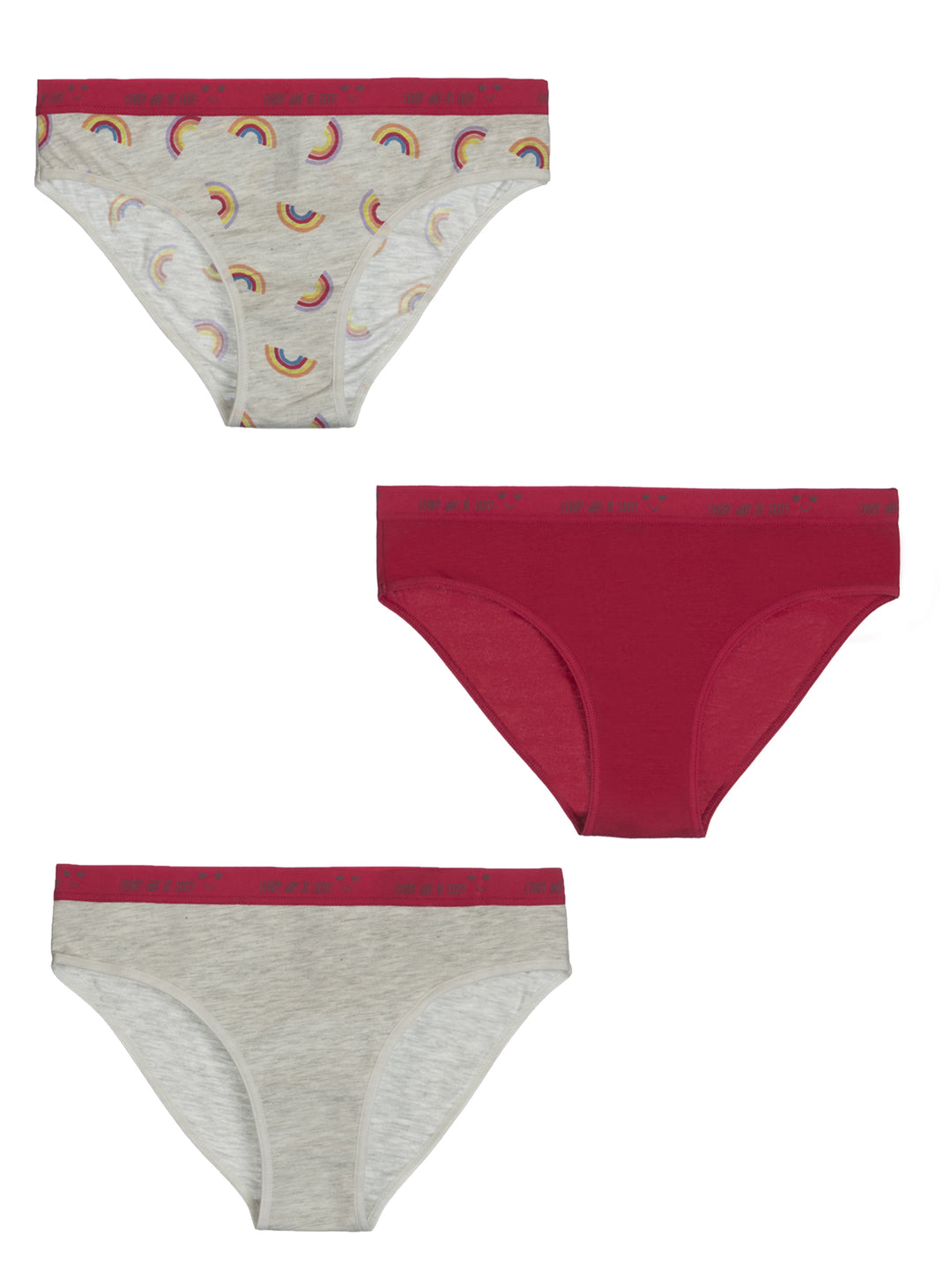 Set de 3 panties para niña estilo bikini en colores rosa, gris y gris con estampado de arcoíris.