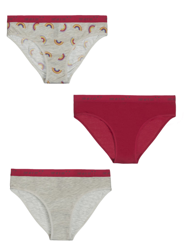 Set de 3 panties para niña estilo bikini en colores rosa, gris y gris con estampado de arcoíris.