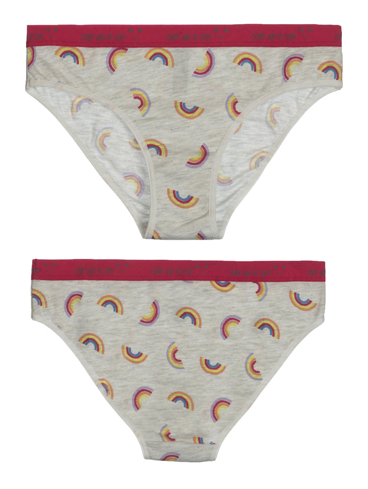Set de 3 panties para niña estilo bikini en colores rosa, gris y gris con estampado de arcoíris.
