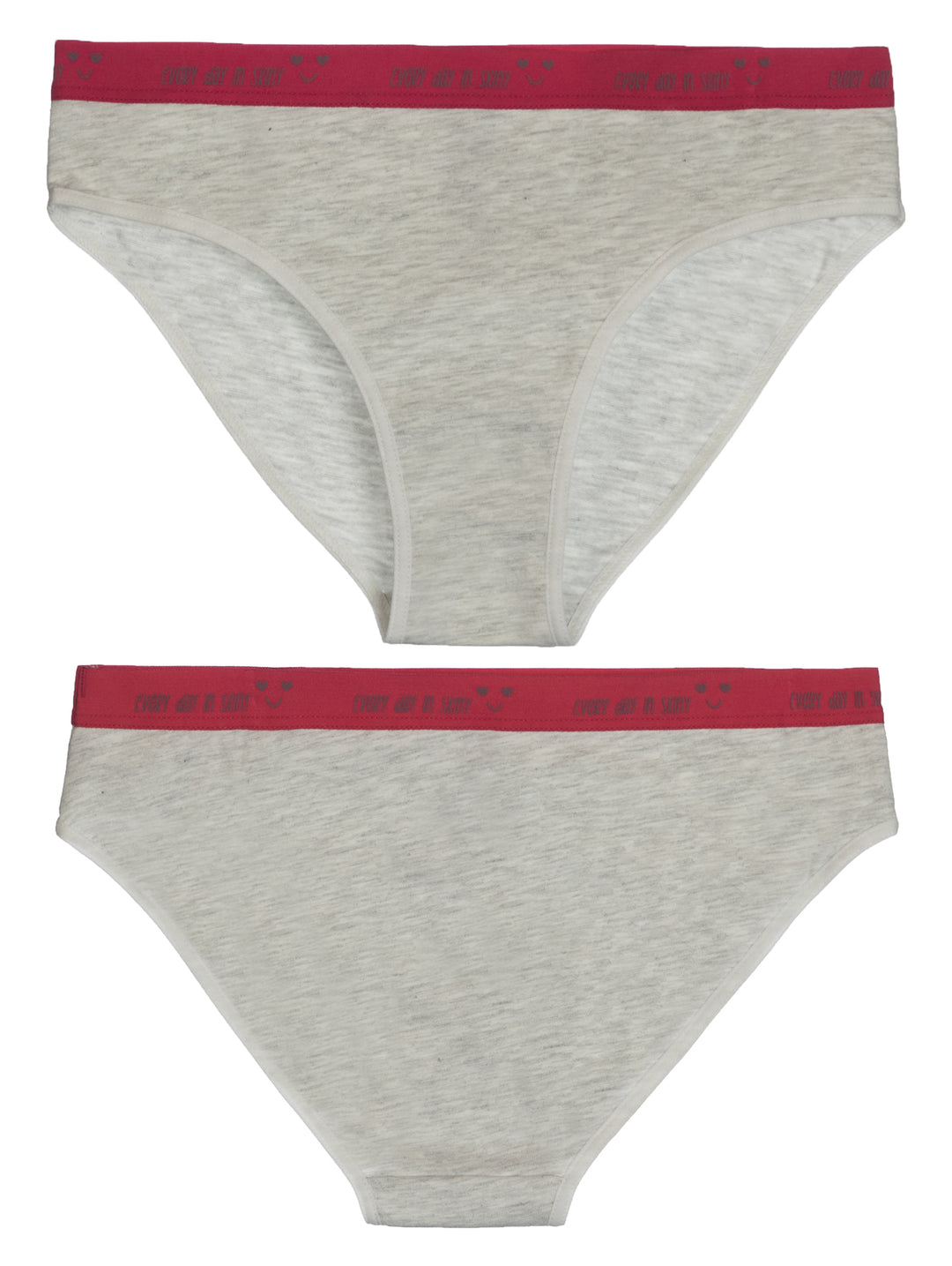 Set de 3 panties para niña estilo bikini en colores rosa, gris y gris con estampado de arcoíris.