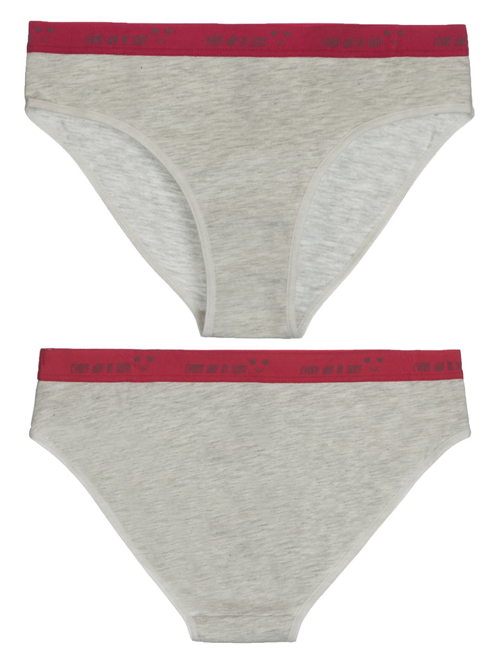 Set de 3 panties para niña estilo bikini en colores rosa, gris y gris con estampado de arcoíris.