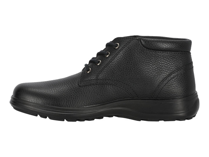 Botín de cuero negro marca Hush Puppies con cordones y suela negra.
