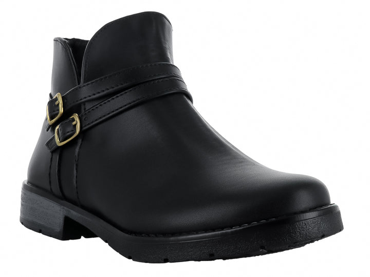 Botas negras para niña con doble correa y hebillas doradas laterales sobre fondo blanco.