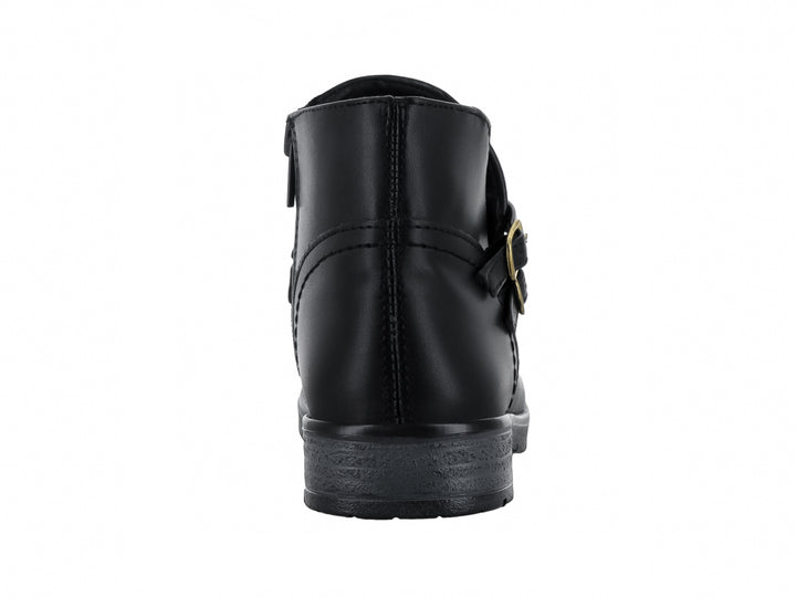 Botas negras para niña con doble correa y hebillas doradas laterales sobre fondo blanco.