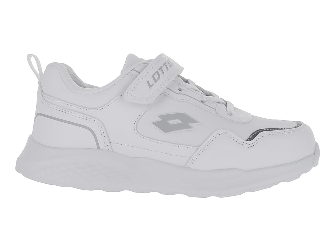 Tenis deportivos Lotto color blanco con detalles en gris, cierre de velcro y agujetas para niño.
