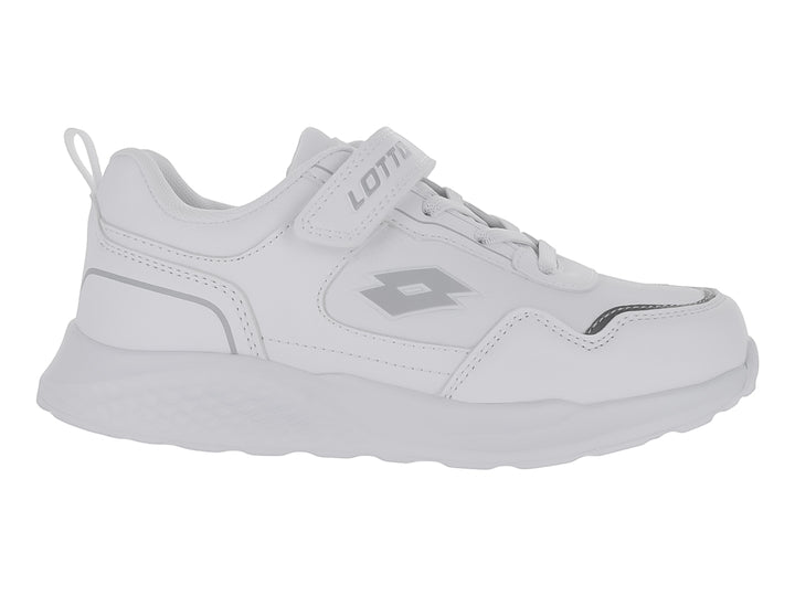 Tenis deportivos Lotto color blanco con detalles en gris, cierre de velcro y agujetas para niño.