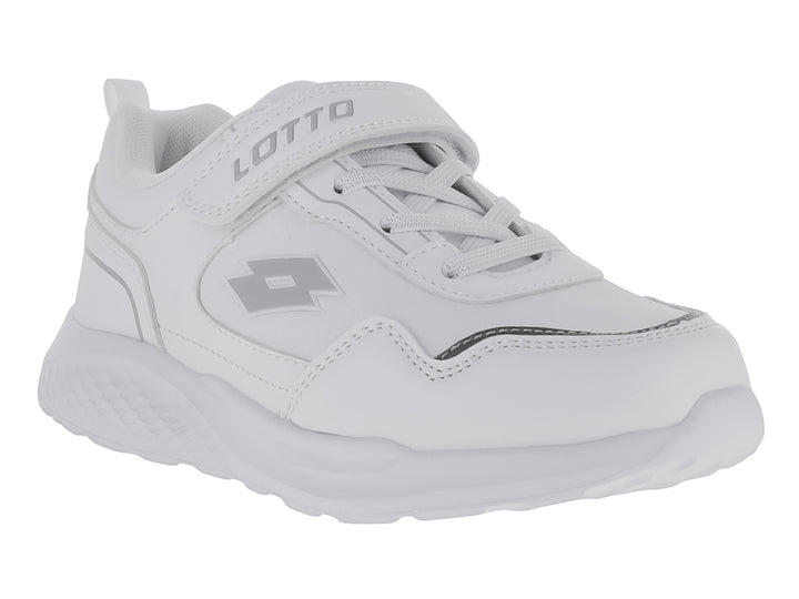 Tenis deportivos Lotto color blanco con detalles en gris, cierre de velcro y agujetas para niño.