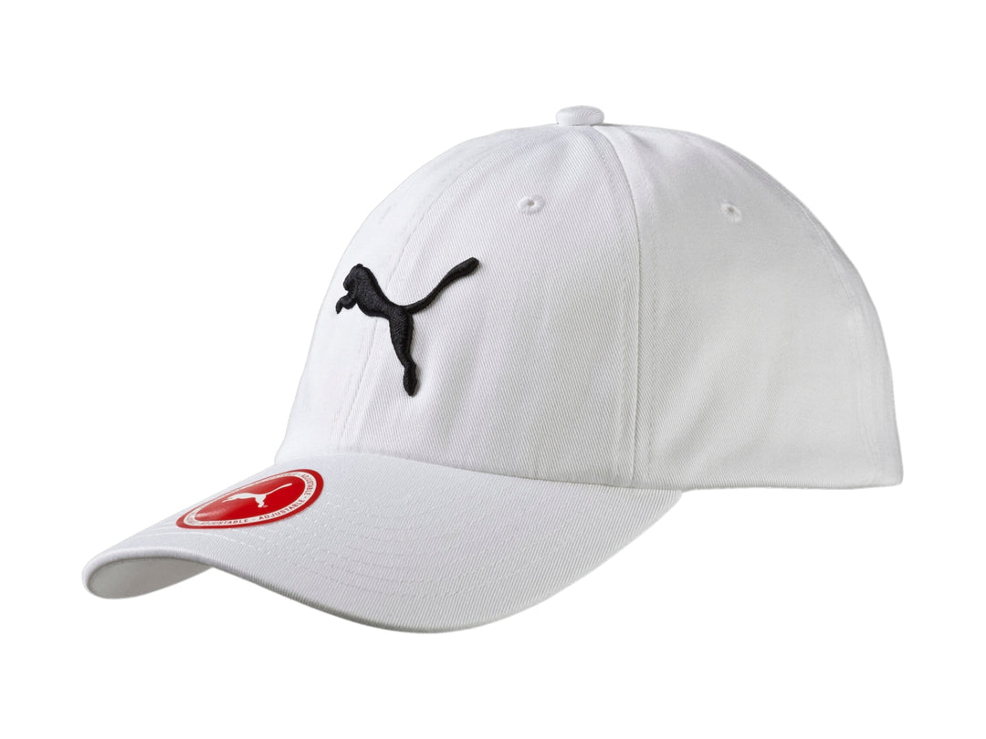 Gorra deportiva PUMA de color blanco con logotipo del felino bordado en negro en el frente.