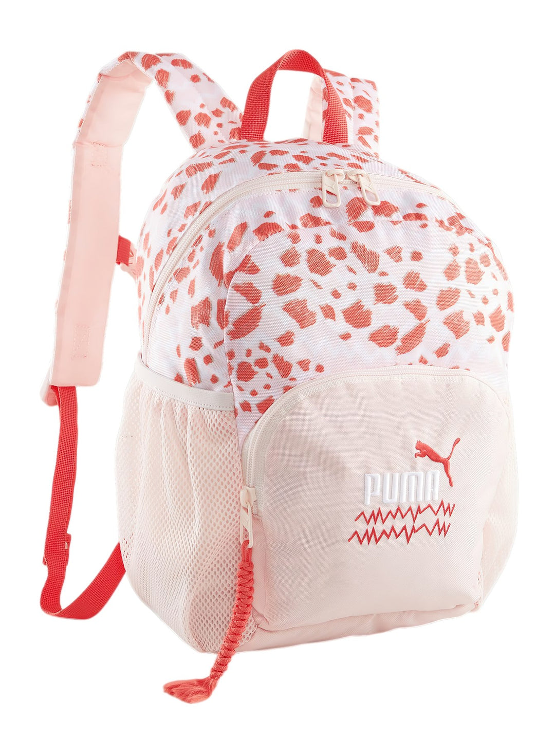 Mochila PUMA en color rosa con estampado abstracto blanco y rojo, incluye bolsillo frontal y lateral de malla.