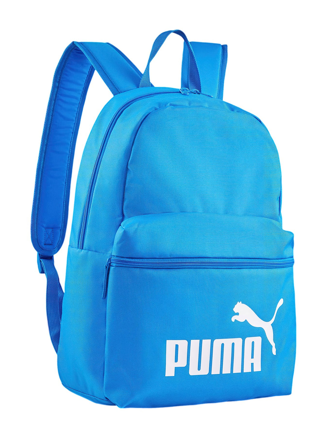 Mochila Puma color azul racing con logotipo blanco en el bolsillo frontal y correas ajustables.
