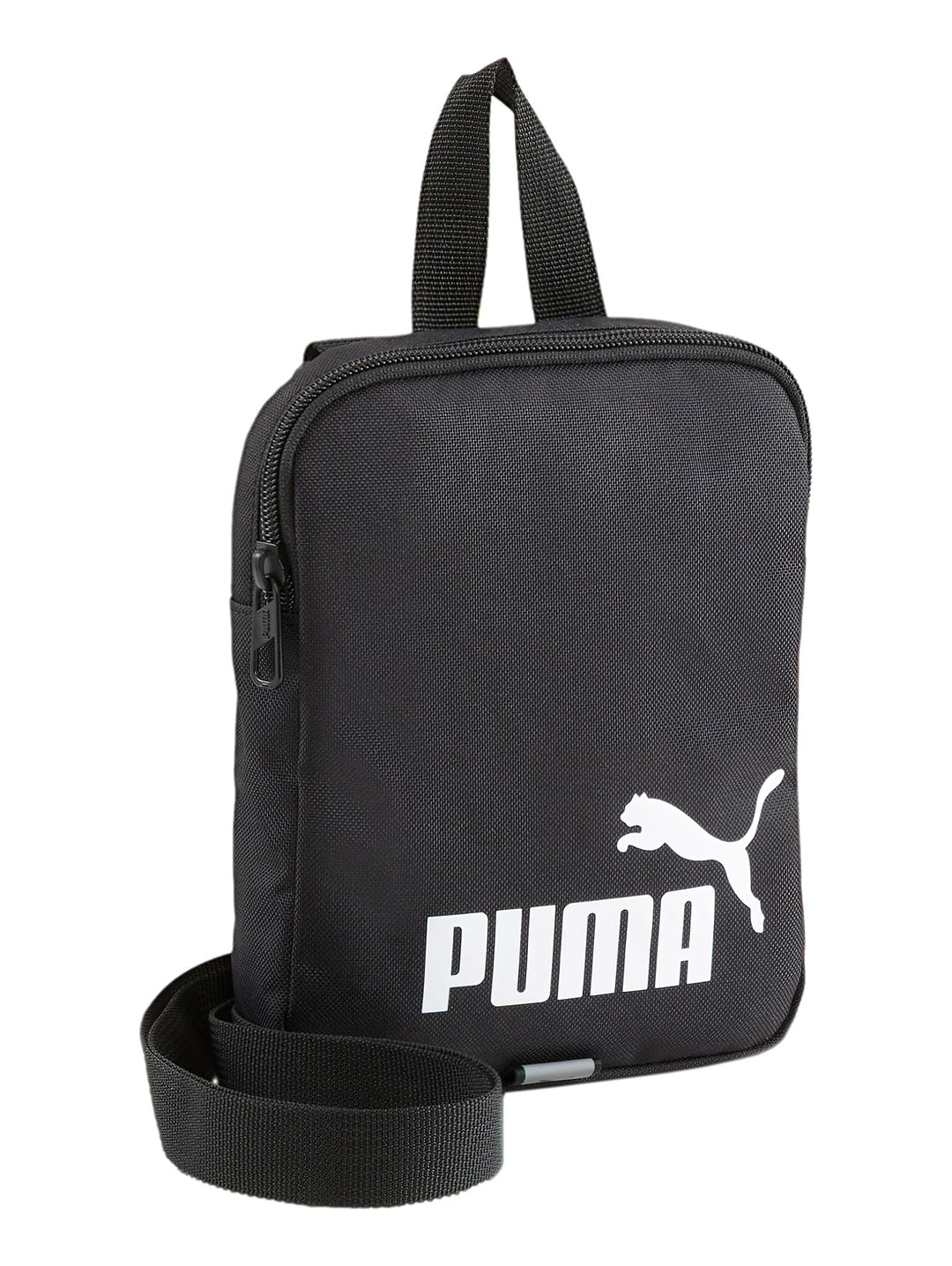 Bolsa de hombro PUMA Phase Portable en color negro con logotipo blanco frontal y asa superior.