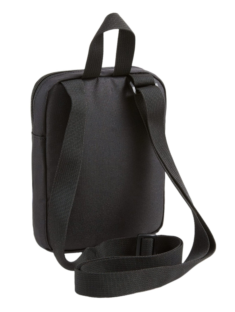 Bolsa de hombro PUMA Phase Portable en color negro con logotipo blanco frontal y asa superior.