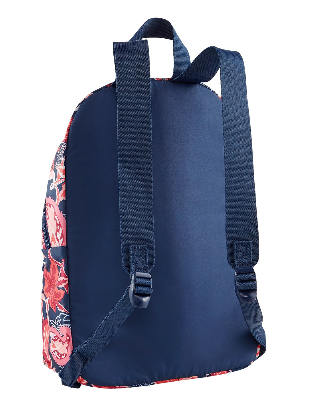 Mochila PUMA con estampado floral y paisley en tonos azul marino, rosa y rojo.