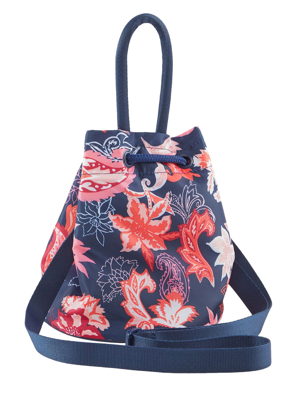Bolso tipo cubo PUMA color azul con estampado floral en tonos rosa y blanco y correa ajustable.
