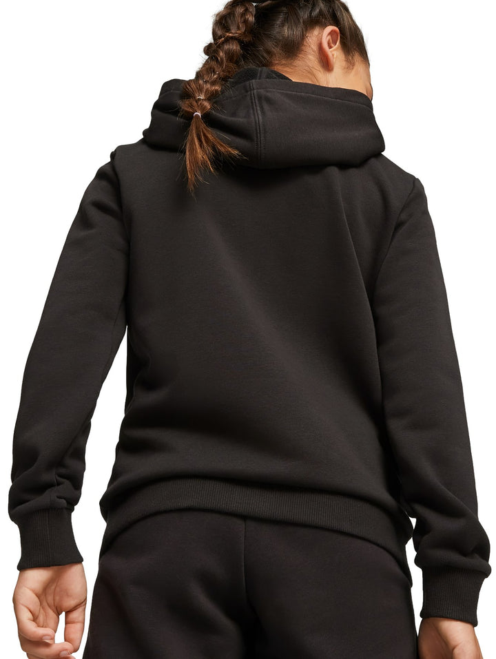 Sudadera negra PUMA x SpongeBob con gráfico amarillo frontal y bolsillo canguro, usada por una niña.