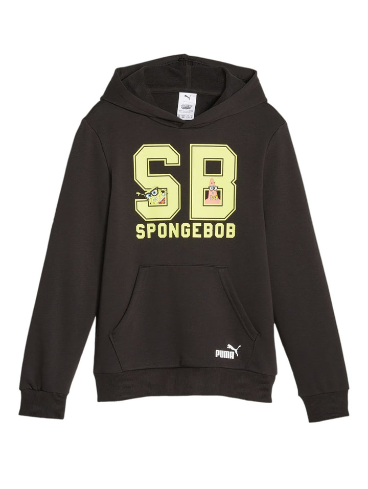 Sudadera negra PUMA x SpongeBob con gráfico amarillo frontal y bolsillo canguro, usada por una niña.