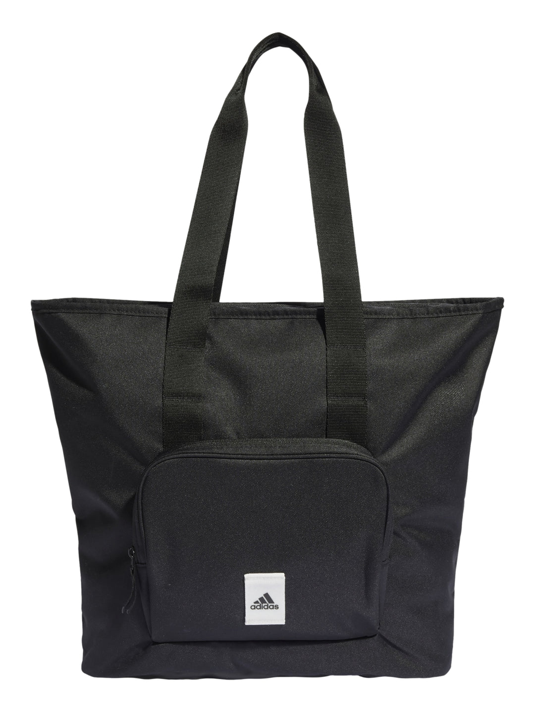 Bolso tote Adidas color negro con asa larga y bolsillo frontal con logotipo blanco.