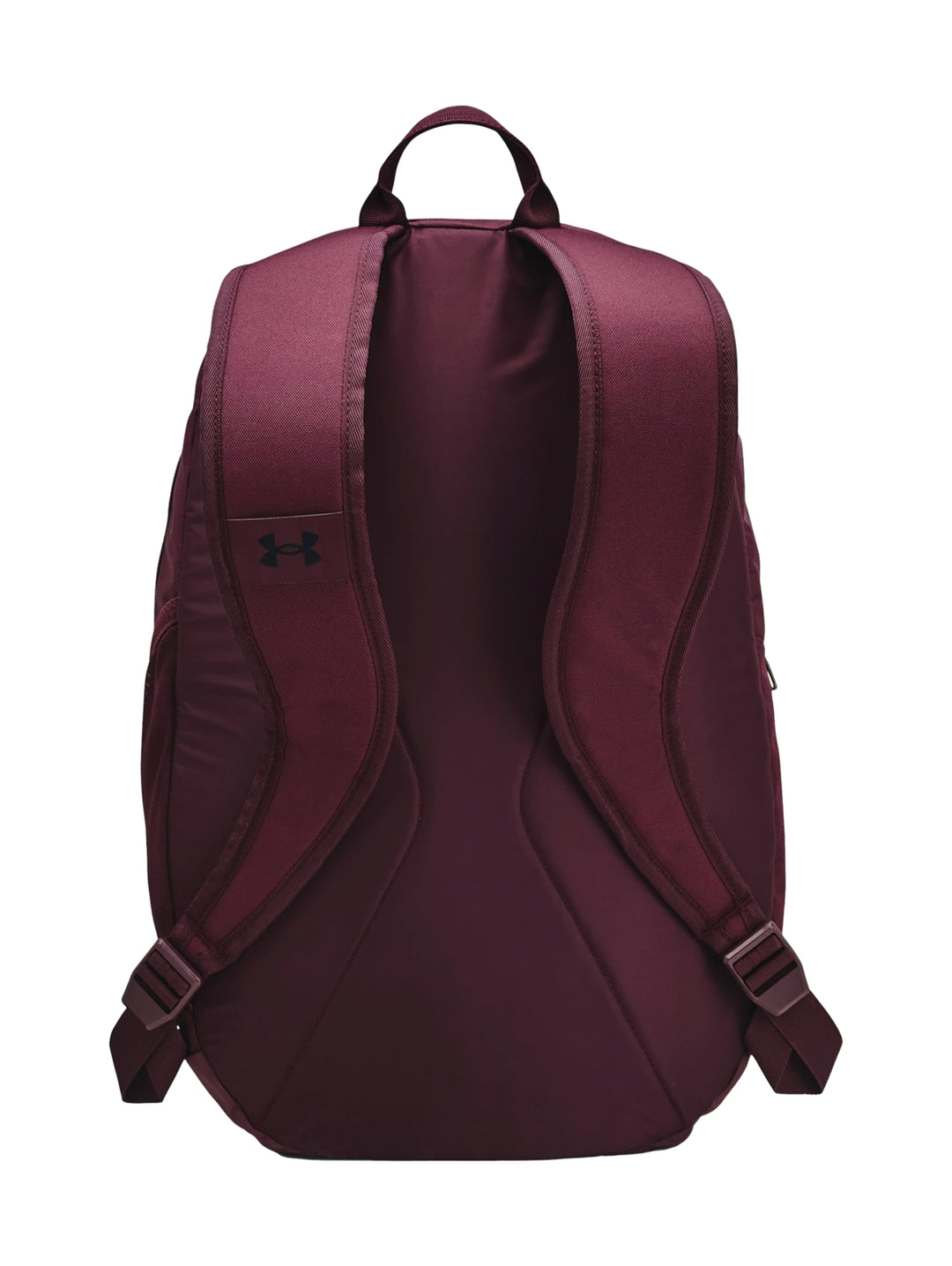 Mochila Under Armour Hustle Lite en color guinda con logotipo gris frontal y asa superior.